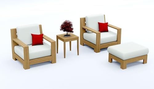 WholesaleTeak Teak Wood 4 Pc Lounge Chair Set: 2 Lounge Chairs, Ottoman & Square Side Table with Cushions in Outdoor Fabric #5404 Canvas Natural