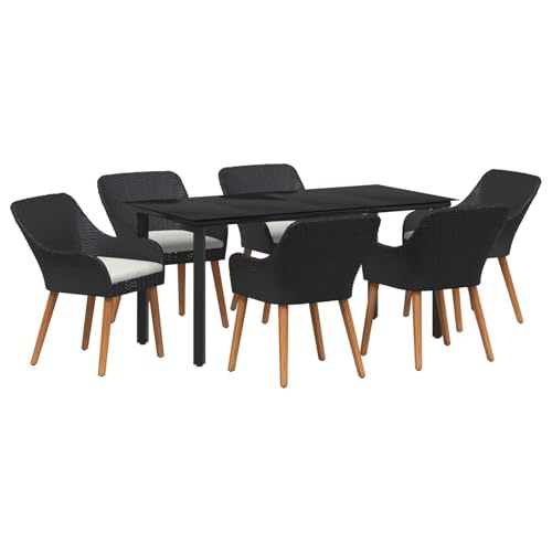LKJephalotrope Patio Dining Set, 7 Piece Outdoor Table and Chairs with Cushions, Black Poly Rattan Garden Furniture Set with Glass Top Table for Backyard, Deck, 6 Person