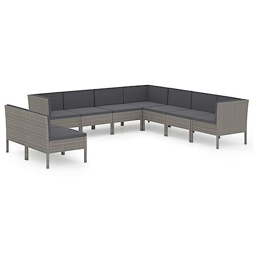 HKQWPBF 9 Piece Patio Lounge Set with Cushions, Gray Poly Rattan Outdoor Seating for Garden