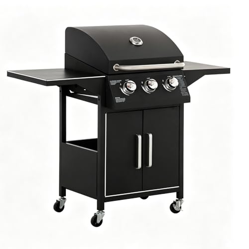 3-Burner Natural Gas Grill, 382 sq.in Cooking Area with Warming Rack, Side Prep Tables, Storage Cabinet for Backyard Patio
