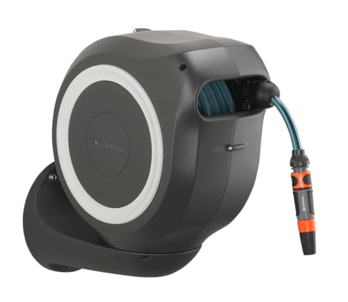 Gardena Wall-Mounted Hose Box Rollup M 20 m: Flexible Watering for Medium-Sized Gardens, Swivel Hose Reel, with Wall Bracket, System Parts and Nozzle, Including 20 m Gardena Hose (18612-20)