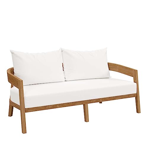 Modway Brisbane Modern Teak Wood Fabric Patio Loveseat Natural White