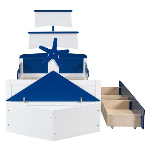Bellemave Twin Size Boat-Shaped Kids Bed with Storage Drawers Blue