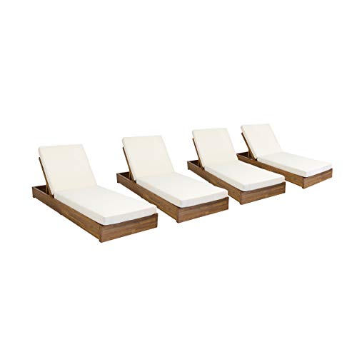 Christopher Knight Home Abraham Outdoor Acacia Wood Chaise Lounge Set of 4 Teak Finish + Cream