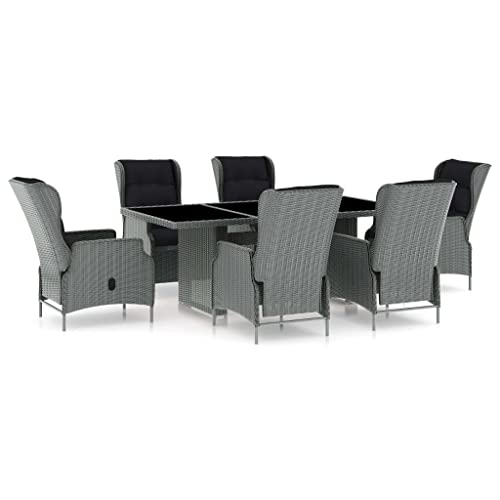 Heofavd 7 Piece Outdoor Dining Set LightGrey PE Rattan Patio Furniture Set with Tempered Glass Table and Adjustable Backrest Chairs for Garden Balcony and Patio up to 6 People