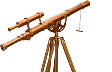 Antiqueex Vintage Double Barrel Telescope Copper Finish with Adjustable Wooden Tripod