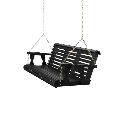 Amish Casual Heavy Duty 700 Lb Capacity Porch Swing with Cup Holders (6 Foot, Semi-Solid Black Stain) – Wooden Outdoor Roll Back Swing with Hanging Chains – Amish Made in the USA