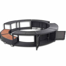 KGFHERENB Black Poly Rattan Hot Tub Surround, 111.4 Inch Wicker Spa Surround with Built-in Storage and Power Pack Cutout, Steel and Eucalyptus Wood Frame for Outdoor Round Tub
