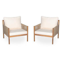 Christopher Knight Home Barris Lounge Chair Outdoor Set of 2, Patio Accent Chair, Comfy Reading Extra Seat, Wooden Frame+Rope Woven+Removable Cushion, for Garden/Backyard/Balcony/Poolside,Teak+Beige