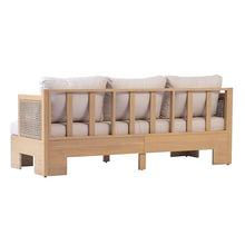 Outdoor Patio Sofa, 3-Seat Acacia Wood and All-Weather Wicker Modern Couch