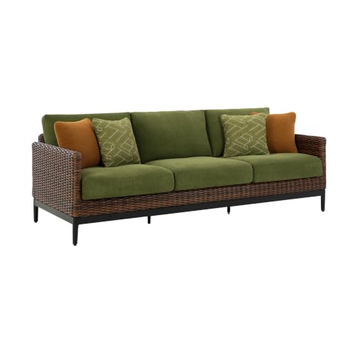 Signature Design by Ashley Horizon Hall Casual Outdoor Sofa with Cushions, Rust-Resistant Aluminum Frame, Handwoven Resin Wicker 3-Seat Patio Couch for Deck or Sunroom, Green & Dark Brown, 88" W