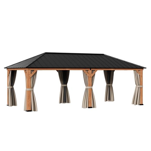 Modern Shade Wood Gazebo 12'x24' with Galvanized Steel Roof, Hardtop Gazebo with Mosquito Netting & Curtains, Cedar Frame Permanent Pavilion for Garden, Backyard and Patio