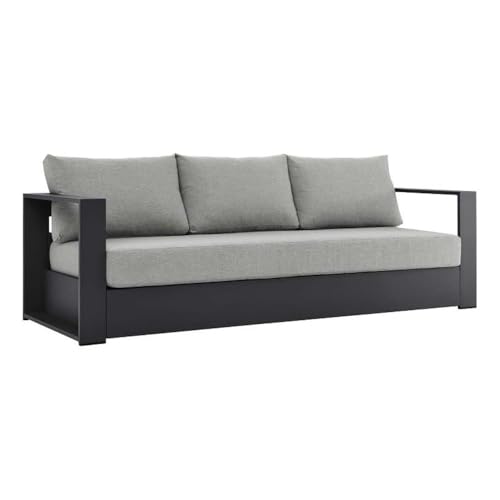 Pemberly Row Modern Outdoor Sofa, Powder-Coated Aluminum Frame with Gray Stain-Resistant Water-Resistant Fabric Cushions, 89" W x 31.5" D x 33" H, Dense Foam Padding, Weatherproof Patio or Poolside