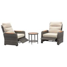 Teamson Home - Outdoor 3 Piece Wicker Recliner Set with Wood Armrests and Cushions, Gray