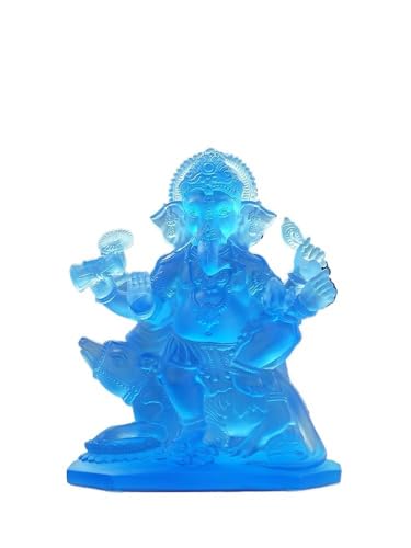 Fretkins Lord Ganesha Statue Ancient Liuli Crystal Style - Handmade Hindu Elephant Idol for Wealth, Feng Shui & Diwali Decor(Matte Blue)