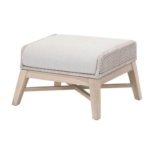 Outdoor Escape White Outdoor Footstool with Solid Teak Base, Intricate Rope Weave, Removable Cushion with Straps for Patio or Deck