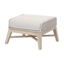 Outdoor Escape White Outdoor Footstool with Solid Teak Base, Intricate Rope Weave, Removable Cushion with Straps for Patio or Deck
