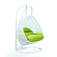LeisureMod 2 Person Hanging Egg Chair, Indoor Outdoor Patio Lounge Swing with White Stand & UV-Resistant Cushions, Hammock Chair for Bedroom & Garden, Light Green