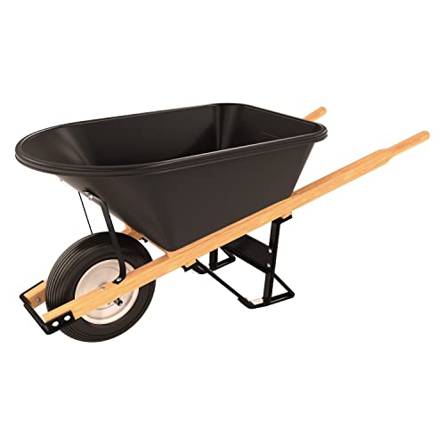 Bon 28 706 Premium Contractor Grade Poly-Tray Single Wheel Wheelbarrow with Wood Handle and Ribbed Tire, 5-3/4 Cubic Feet