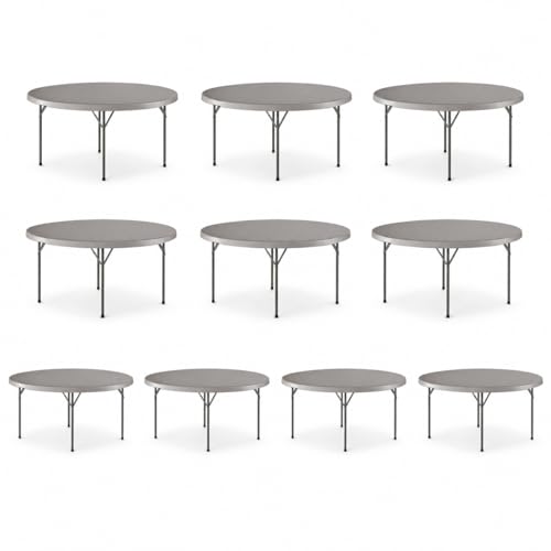 SHADOW TRADE 72 Inch Gray Round Folding Table, Heavy Duty Plastic Banquet Table with Gray Steel Legs, Blow Molded Portable Dining Table for Events, Parties, Catering, Indoor Outdoor Use (Set 10 Pack)