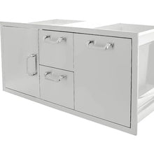 Mont Alpi Signature 42"W x 21"H Commercial Grade 304 Stainless Steel Outdoor Kitchen Island BBQ Grill Access Door + Double Drawer & Roll-Out Trash Bin Combo + Traditional & Contemporary Style Handles