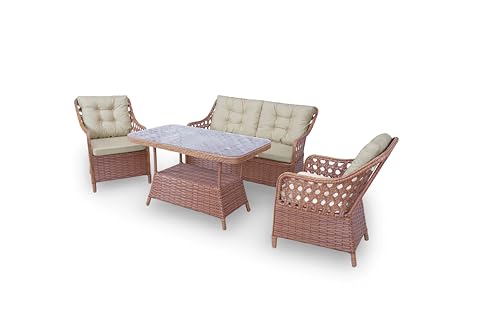 Angora Shira Rattan Outdoor Furniture Set with Glass Table and Armchairs Brown
