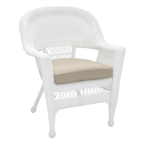 Pemberly Row Wicker Rattan Outdoor Chairs with Cushions, 36" H x 28.5" W x 27.5" D, Set of 2, White and Tan Finish, All-Weather Resin, Steel Frame, Stackable Design for Patio, Poolside or Garden Use