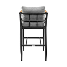Armen Living Wiglaf Modern Outdoor Patio Counter Chair Bar Stool in Aluminum Metal and Teak Wood with Gray Cushions, 26" Seat Height