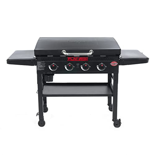 Char-Griller® Flat Iron 4-Burner Propane Gas Flat-Top Griddle with Steel Griddle Top, Hinged Lid, Wind Guards and Instant-Ignition, 775 Cooking Square Inches in Black, Model 8136