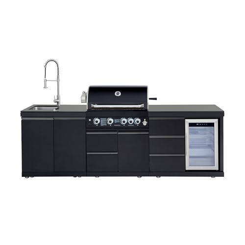 Outdoor Kitchen Island with Built in Grill, 4 Burner 59500 BTU Stainless Steel Gas Barbecue Island, Patio Cooking Station with Refrigerator & Sink, Built In Grill Island for Backyard (Black)