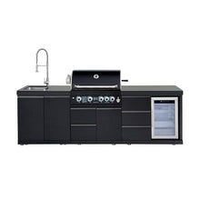 Outdoor Kitchen Island with Built in Grill, 4 Burner 59500 BTU Stainless Steel Gas Barbecue Island, Patio Cooking Station with Refrigerator & Sink, Built In Grill Island for Backyard (Black)