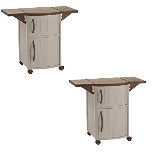 Suncast 2 Pack Outdoor Patio Grill Prep Station Cart with 2 Storage Cabinets, Light Taupe/Mocha