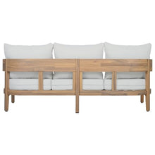 SAFAVIEH Outdoor - Theo 3-Seat Sofa - Oak & Ivory - Solid Wood with Cushion - Mid-Century Slatted Design - Ideal for Patio, Deck, Porch, Backyard, 15" Seat Height (PAT7092B)