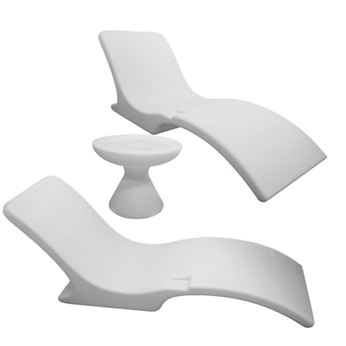 Cool Loungers Pool Chaise Lounge Chairs Set of 2 with Hourglass Side Table and Cup Holder White