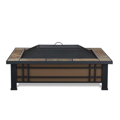 Bowery Hill Rectangle Wood Burning Fire Pit, Natural Slate Tile, 13" H x 33.6" W x 43.75" D, Heat Resistant Powder Coated Steel, Includes Spark Screen, Log Poker, Grate, Protective Cover, Outdoor