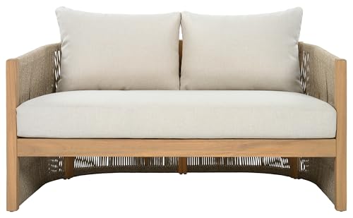 SAFAVIEH Outdoor - Bella 2-Seater Sofa Loveseat - Oak Solid Wood & Taupe - Weather Resistant - Ideal for Patio, Deck, Backyard, 11.6" Seat Height (PAT7110A)