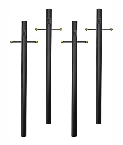 Solus 7-Foot Direct Burial Lamp Post – Outdoor Aluminum Light Pole with Decorative Cross Arm & 120V Outlet – Fits 3" Post Top Fixtures, Made in USA, Black, Bronze, or White, (Black, Set of 4)