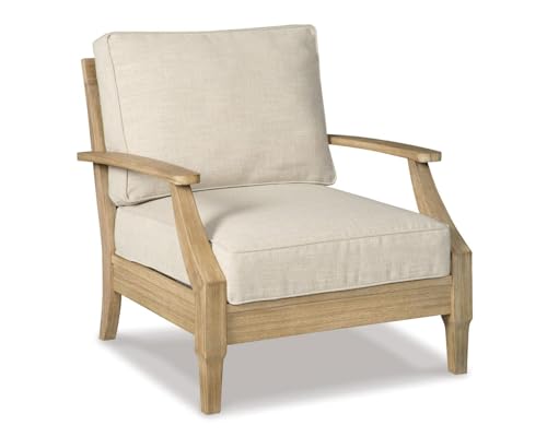 BOWERY HILL Outdoor Arm Chair, Beige Finish, Eucalyptus Wood Frame, All-Weather Nuvella Fabric Cushions, Slatted Design, 32" H x 30.5" W x 35.5" D, Durable Patio Seating for Relaxation