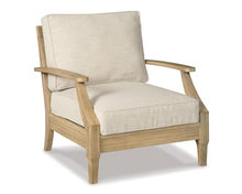BOWERY HILL Outdoor Arm Chair, Beige Finish, Eucalyptus Wood Frame, All-Weather Nuvella Fabric Cushions, Slatted Design, 32" H x 30.5" W x 35.5" D, Durable Patio Seating for Relaxation