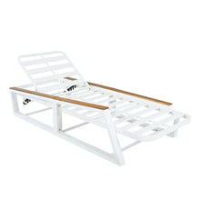 roomfitters 5-Piece Outdoor Patio Reclining Chaise Lounger Set with 2 Chairs, Cushions and Side Table, Cream, White and Teak