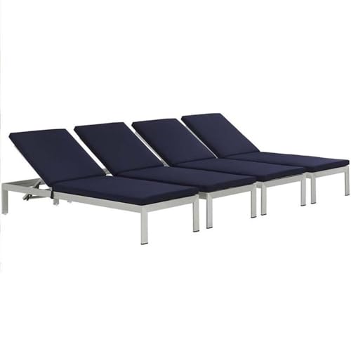 Modway Shore Aluminum Outdoor Patio Chaise Lounge Chairs with Cushions Silver Navy