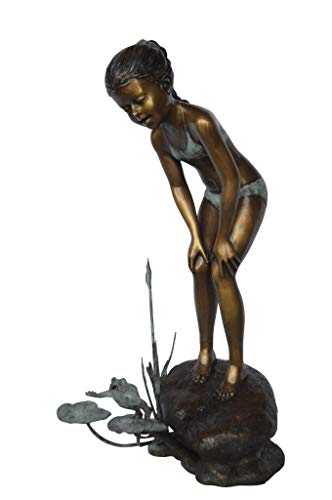 Nifao Girl with Frog, Outdoor Medium Bronze Fountain, 21" L x 15" W x 38" H