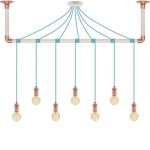 Unique Turquoise and Copper Pendant Light Wrap with White Wood and Copper Ceiling Bracket - Hangout Lighting - 7 Pendants