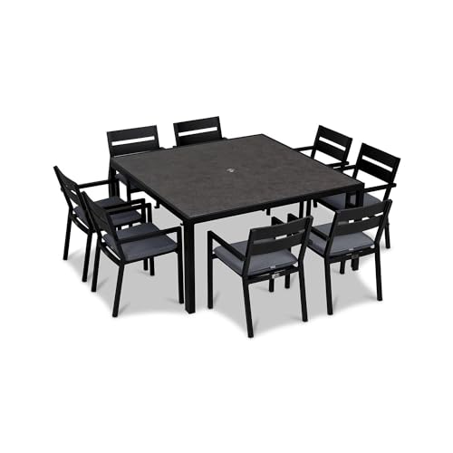 Lakeview Outdoor Designs Calm Bay 9 Pc Square Aluminum Dining Set in Black/Canvas Charcoal