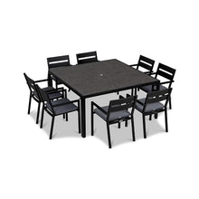Lakeview Outdoor Designs Calm Bay 9 Pc Square Aluminum Dining Set in Black/Canvas Charcoal