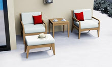 TeakStation 4 Pc Teak Wood Lounge Chair Set: 2 Lounge Chairs, Ottoman & Square Side Table with Cushions in Outdoor Sunbrella Fabric #5404 Canvas Natural