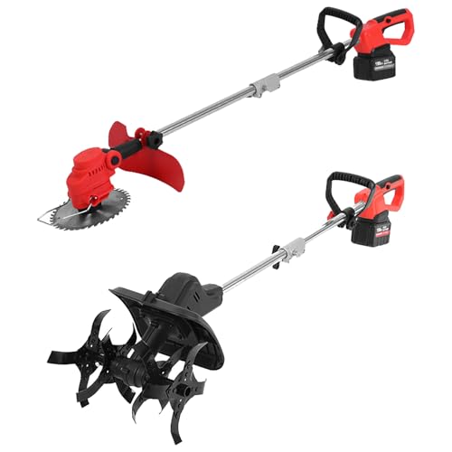 21V Electric Garden Tiller, Cordless Hand Held Cultivator Tiller, Battery Powered Cordless Rotary Tiller, with 2×4/6 Ah Battery, for Vegetable Garden, Mountain, Orchard,2×4AH