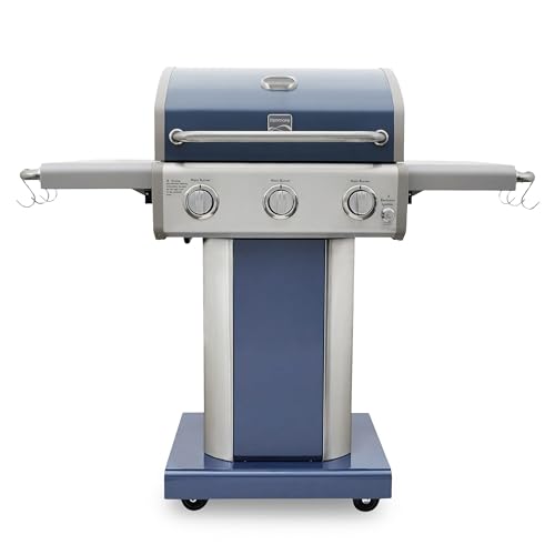 Kenmore 3-Burner Propane BBQ Grill, 30,000 BTUs Gas Grill with Cast Iron Cooking Grates, Folding Side Tables & Wheels, Outdoor Grill with Tool Hooks, Azure Blue