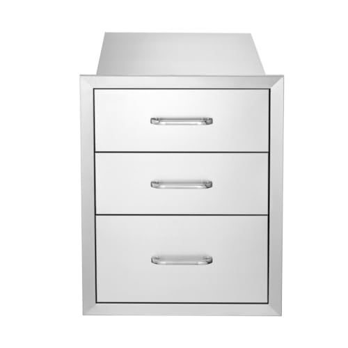 Hassyee Stainless Steel Outdoor Kitchen Drawers, Built-in Triple Storage Drawer Cabinet with Sliding Rails and Chrome Handle, Weather-Resistant BBQ Grill Island Drawer for Patio Backyard Cabinetry