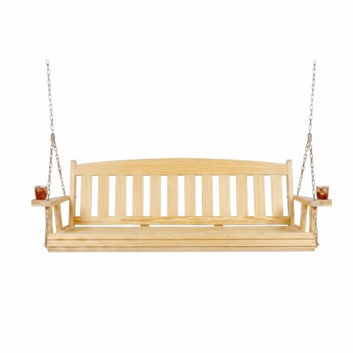 Amish Casual Heavy Duty Mission Treated Porch Swing, 6-Foot, Unfinished, 8Ft Chains, with Cups